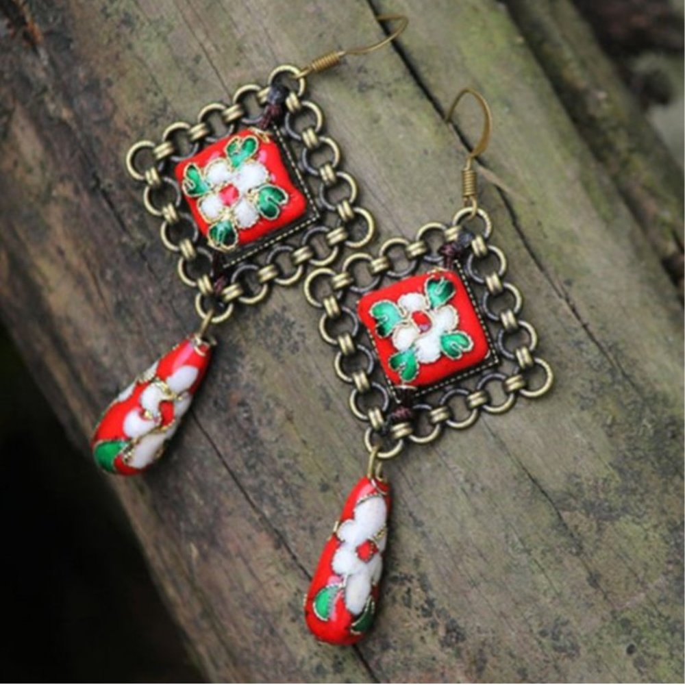 NEW Nepal Handmade Cloisonne Dangle Earrings - Picture 5 of 9